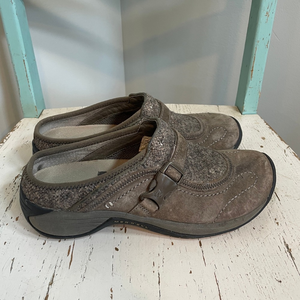 Merrell Encore Sidestep Suede Wool Clogs Mules Brown Womens 8 J66626